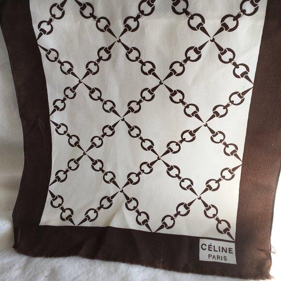 Vintage Celine of Paris Silk Long Scarf - Brown and Off-White/Cream - Picture 1 of 5